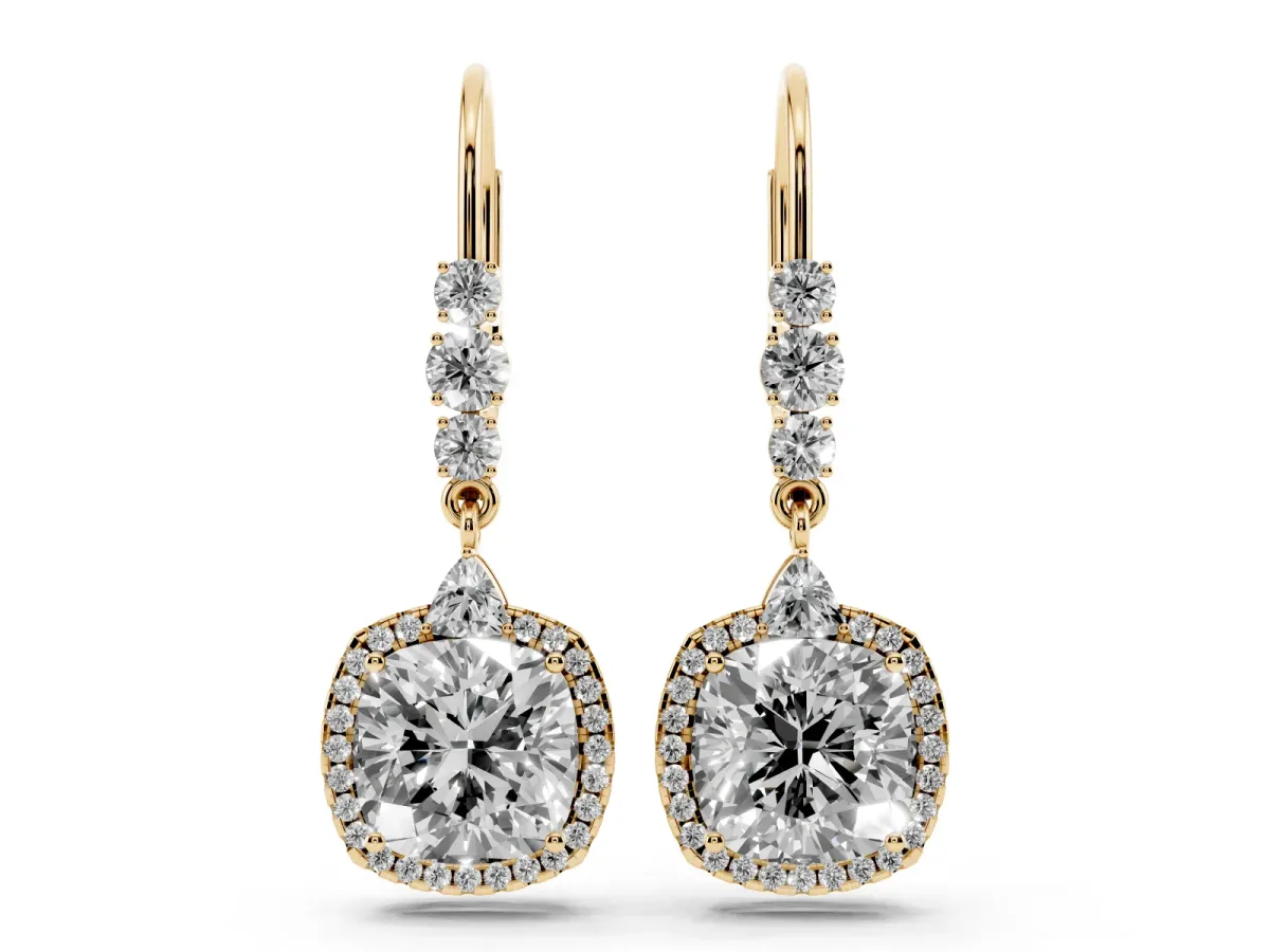 Cushion Diamond Drop Earrings with Trillion Diamond Accents and Round Diamond Halo Yellow gold