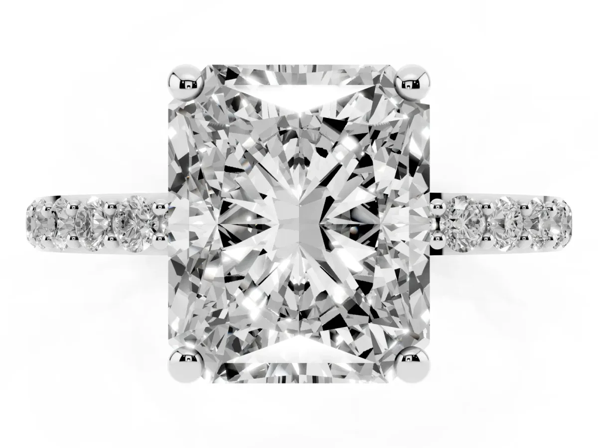Radiant Cut Diamond Solitaire Ring with Round Pavé Band and Prong Setting Silver