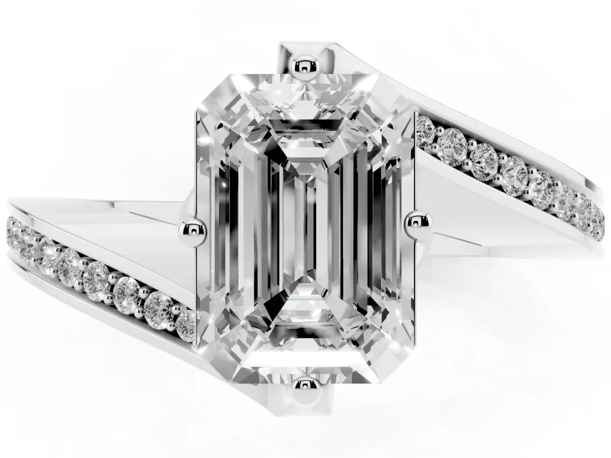Emerald Cut Solitaire Diamond Twist Band with Pavé Setting and Four-Prong Setting Silver