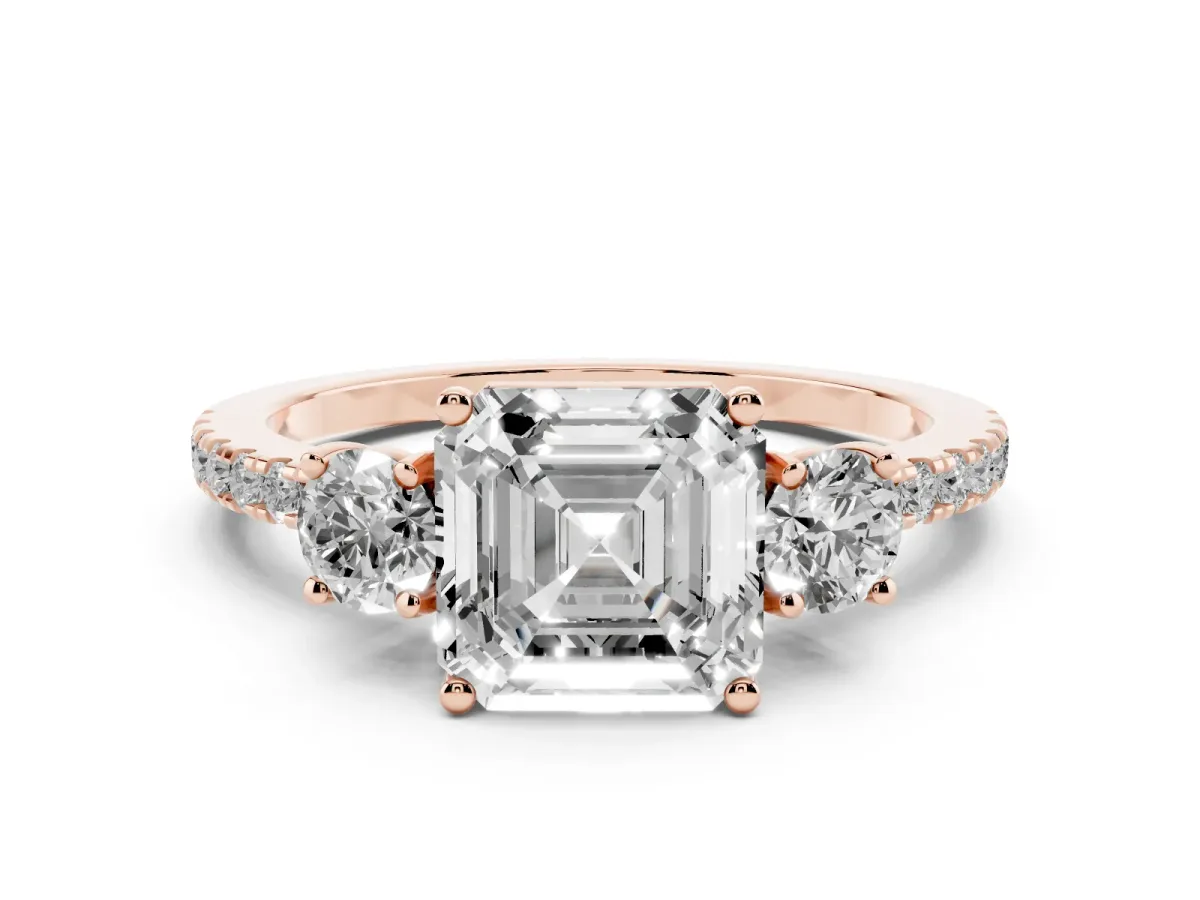 Three-Stone Asscher Cut Cut Diamond Pavé Band with Prong Setting Rose gold