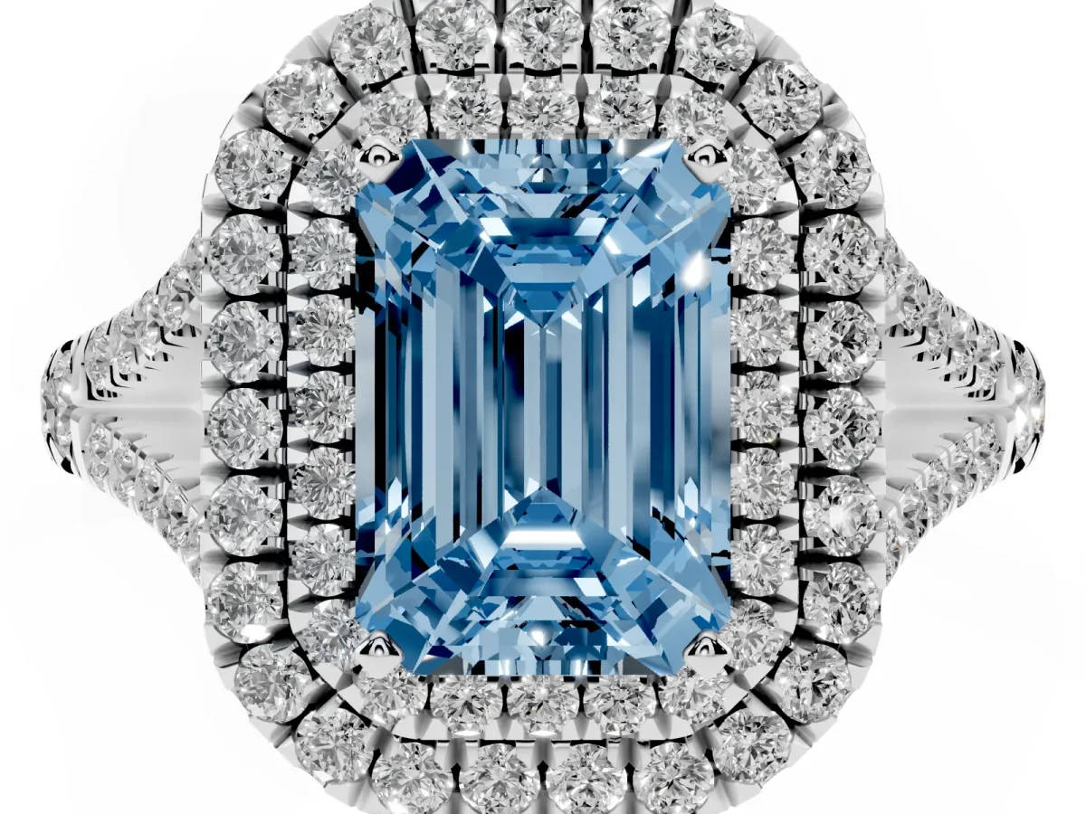 Fancy Blue Emerald Cut Diamond Pavé Split Shank Double Halo Engagement Ring Platinum