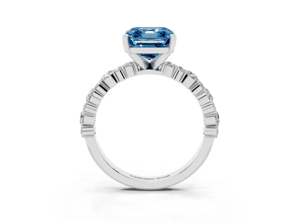 Fancy Blue Asscher Cut Diamond Side Stone Solitaire Ring with Round and Four-Prong Setting Platinum