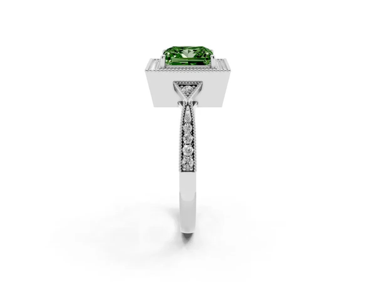 Fancy Green Princess Cut Halo Round Diamond Milgrain Pave Engagement Ring Platinum