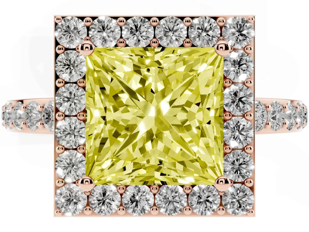 Fancy Yellow Princess Cut Halo Diamond Pavé Band Ring with Prong Setting Rose gold