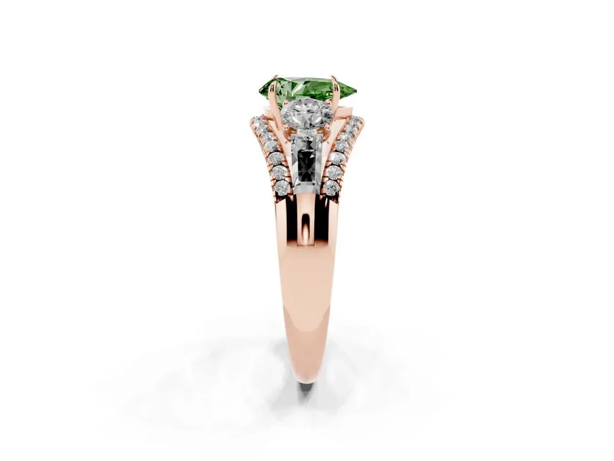 Fancy Green Three-Stone Pear Cut Diamond Engagement Ring with Pave Band and Prong Setting Rose gold