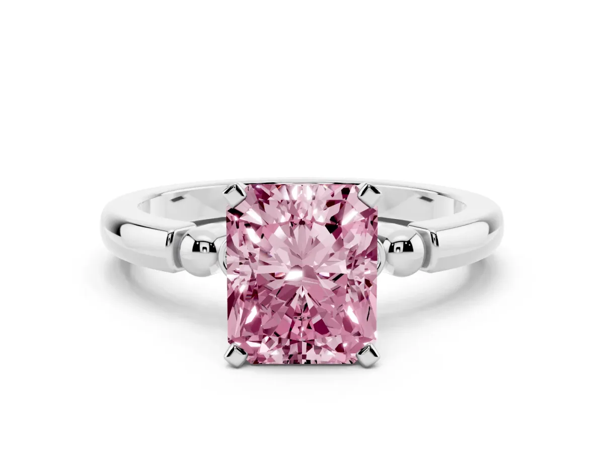 Fancy Pink Radiant Cut Solitaire Beaded Band with Four-Prong Setting Silver