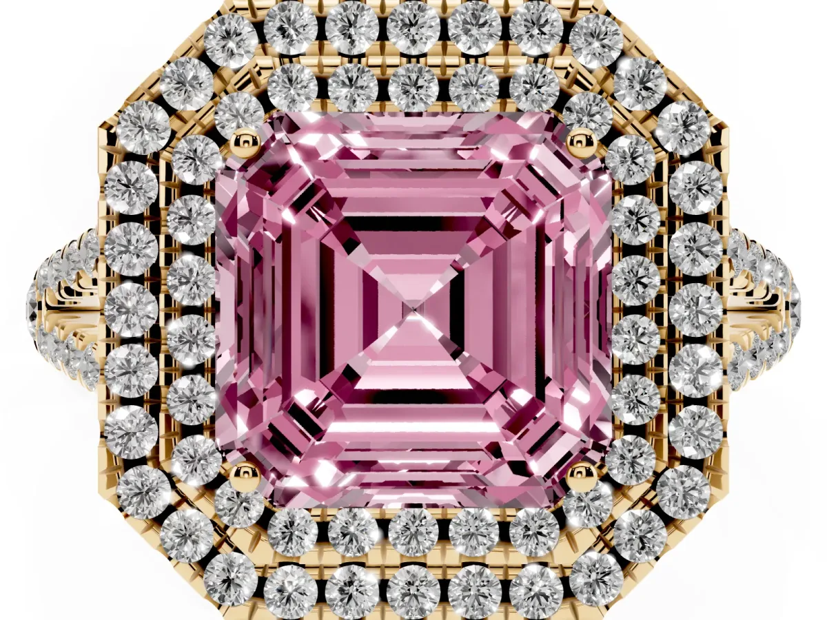 Fancy Pink Asscher Cut Diamond Double Halo Ring with Pavé Band and Prong Setting Yellow gold