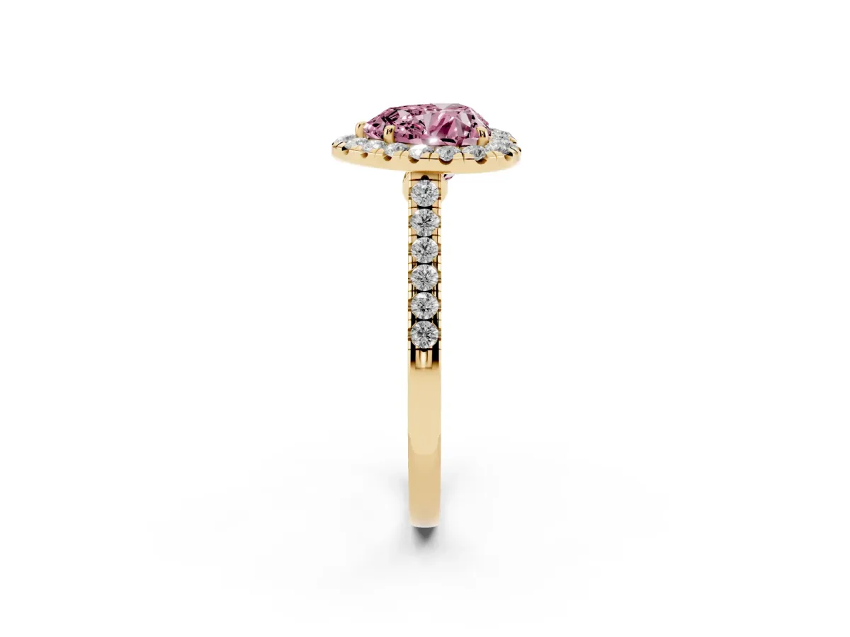 Fancy Pink Heart Cut Halo Pave Diamond Engagement Ring with Four-Prong Setting Yellow gold