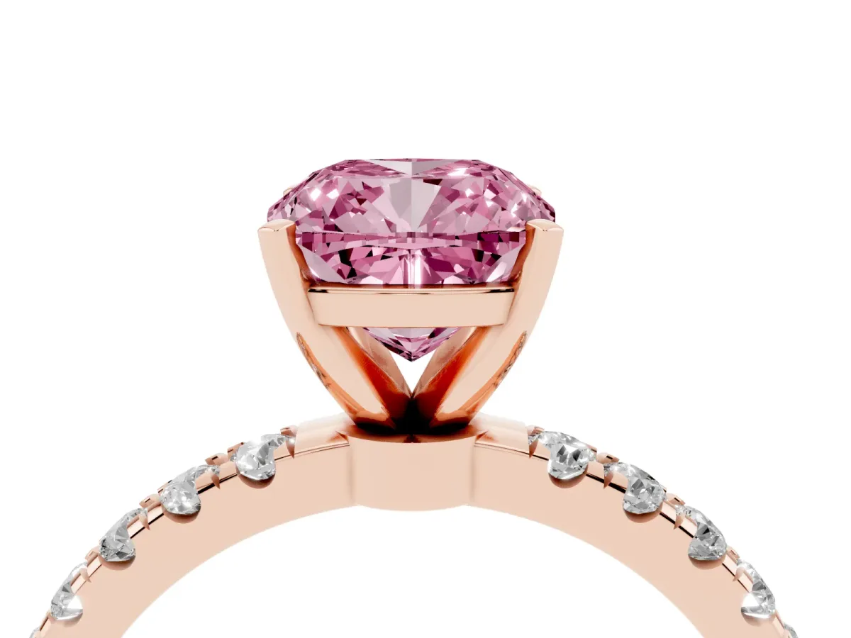 Fancy Pink Cushion Cut Diamond Solitaire Ring with Pavé Accents and Four-Prong Setting Rose gold
