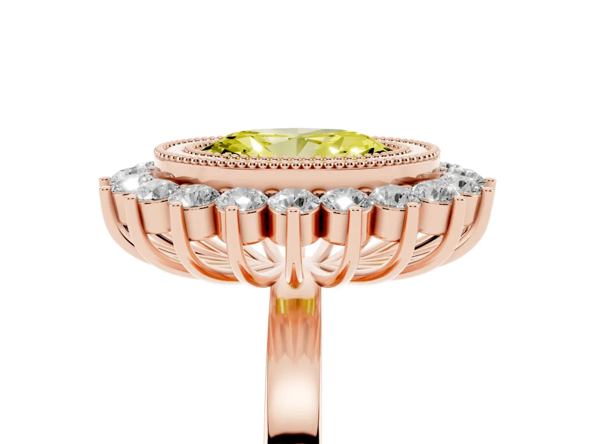 Fancy Yellow Oval Cut Halo Diamond Ring with Milgrain Edge and Round Prong Setting Rose gold