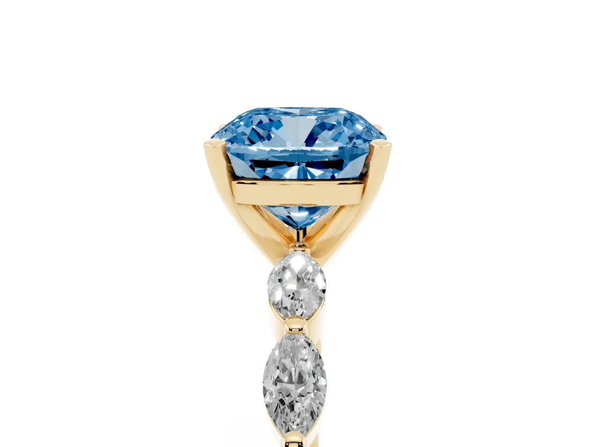 Fancy Blue Cushion Cut Diamond Ring with Marquise Side Stones and Prong Setting Yellow gold