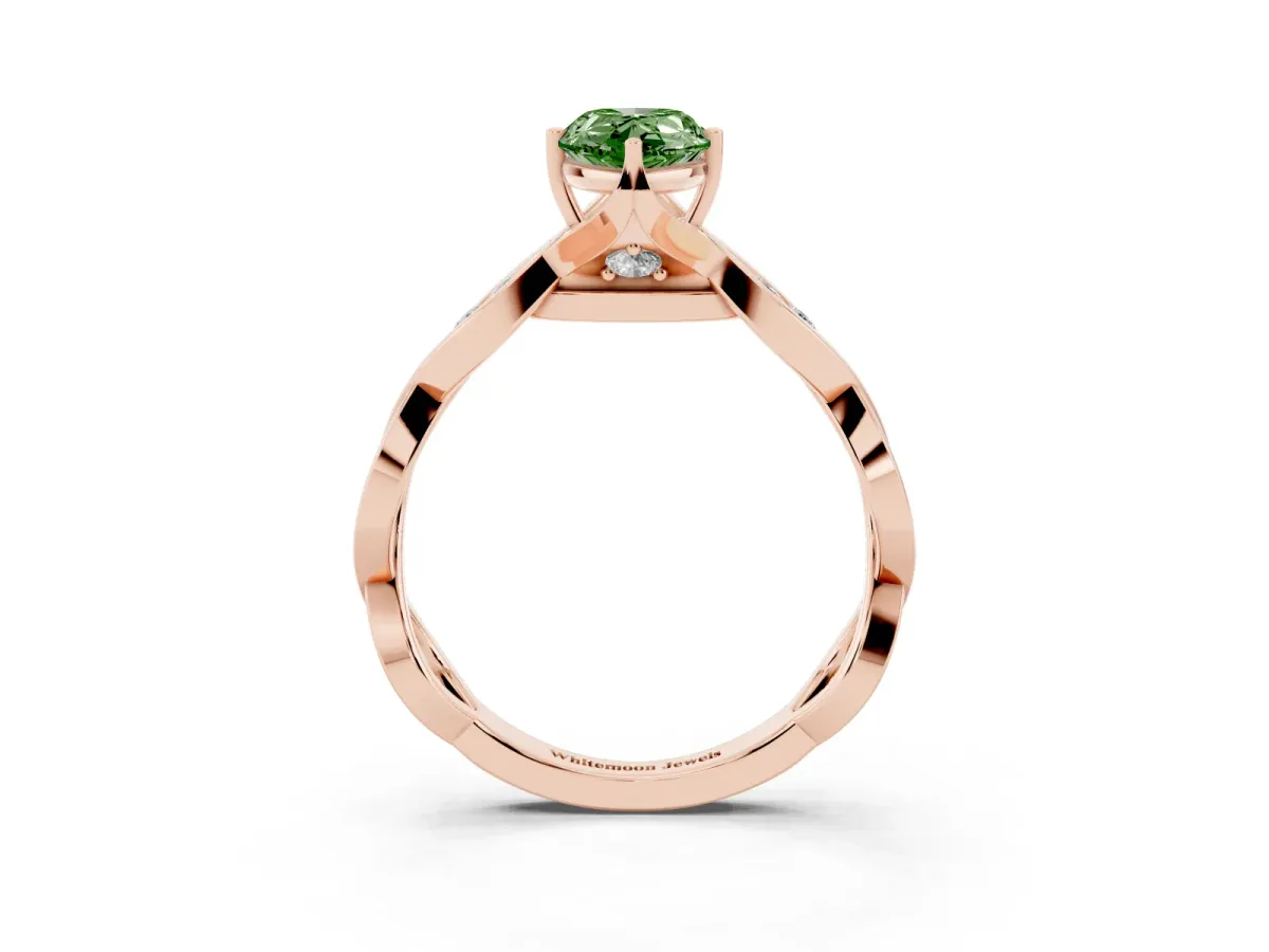 Fancy Green Pear Cut Solitaire Twist Band with Leaf Prong Setting Rose gold