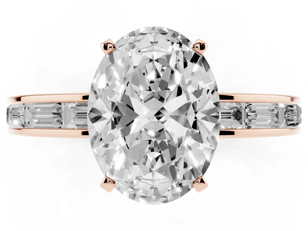Oval Cut Solitaire Diamond Ring with Channel-Set Baguette Band and Four-Prong Setting Rose gold
