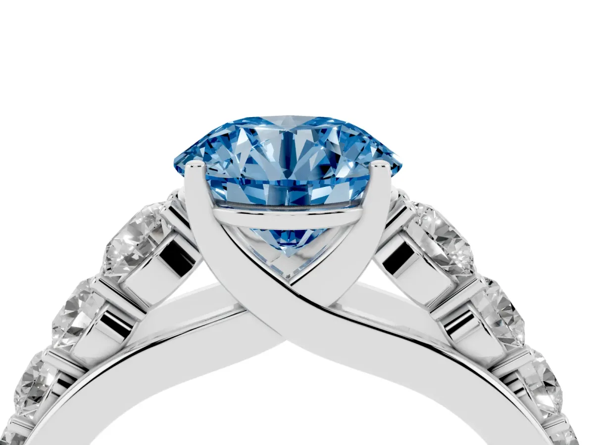 Fancy Blue Round Cut Brilliant Diamond Pavé Band with Six-Prong Setting Silver