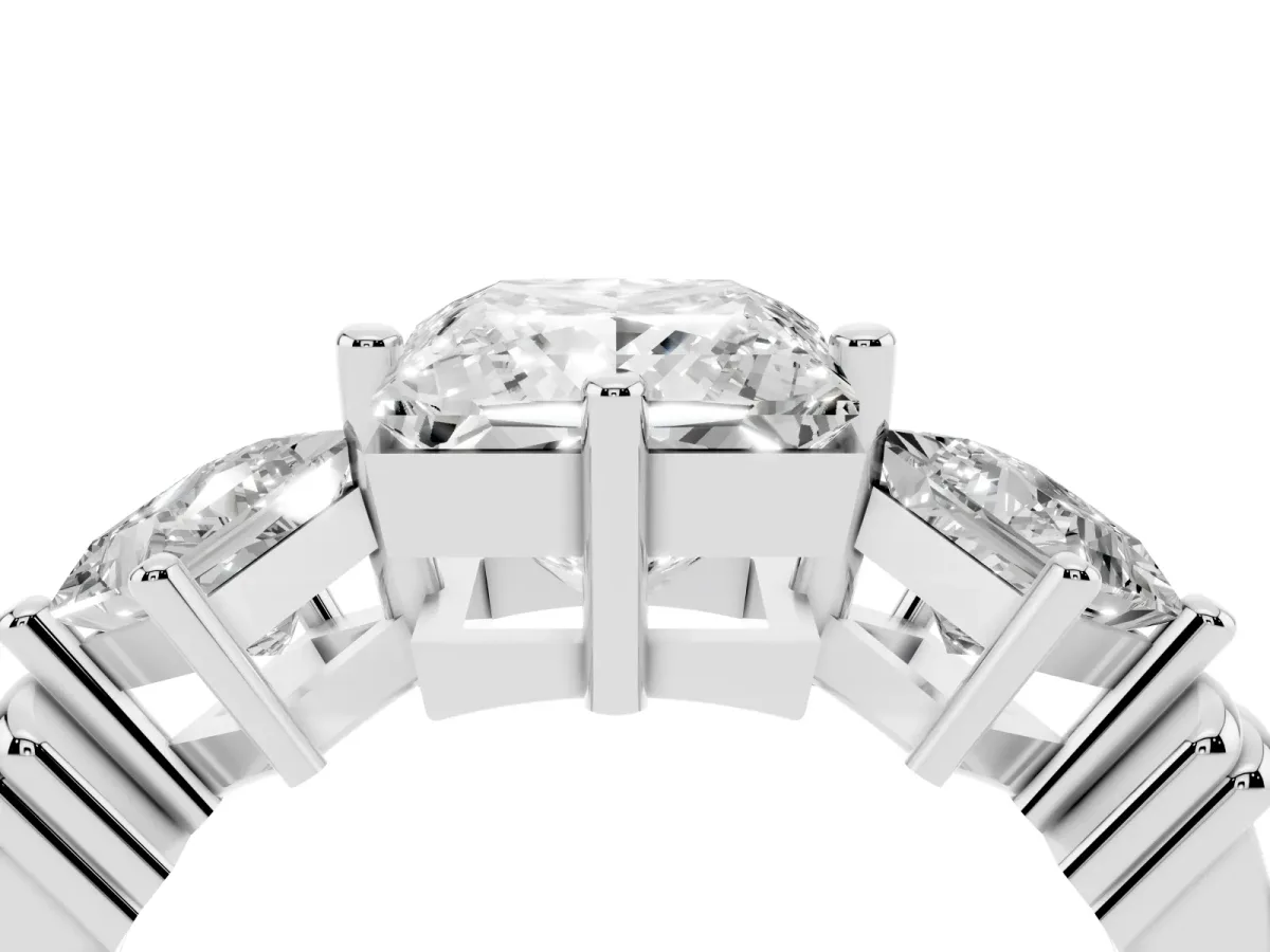 Three-Stone Princess Cut and Princess Cut Diamond Ring with Channel Band and Four-Prong Setting Platinum