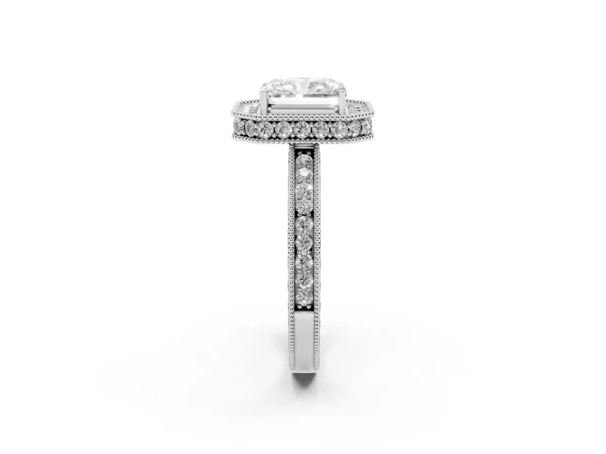 Radiant Cut Diamond Milgrain Halo Engagement Ring with Round Pavé Band and Prong Setting White gold