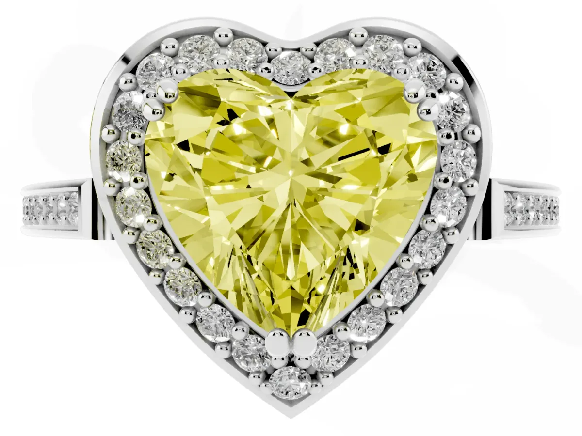 Fancy Yellow Heart Cut Diamond Halo Ring with Split Shank and Four-Prong Setting Silver