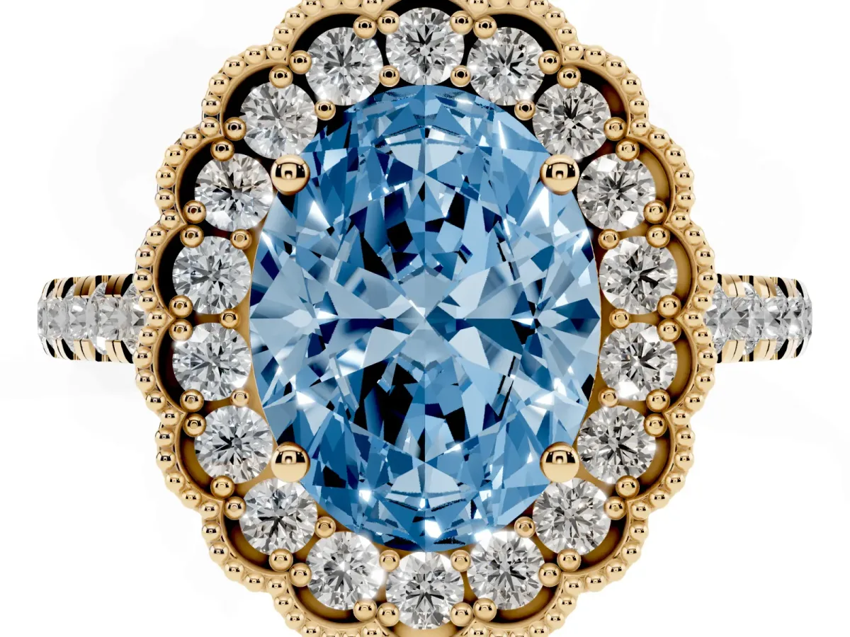 Fancy Blue Oval Cut Cut Diamond Milgrain Floral Halo Engagement Ring with Pavé Band Yellow gold