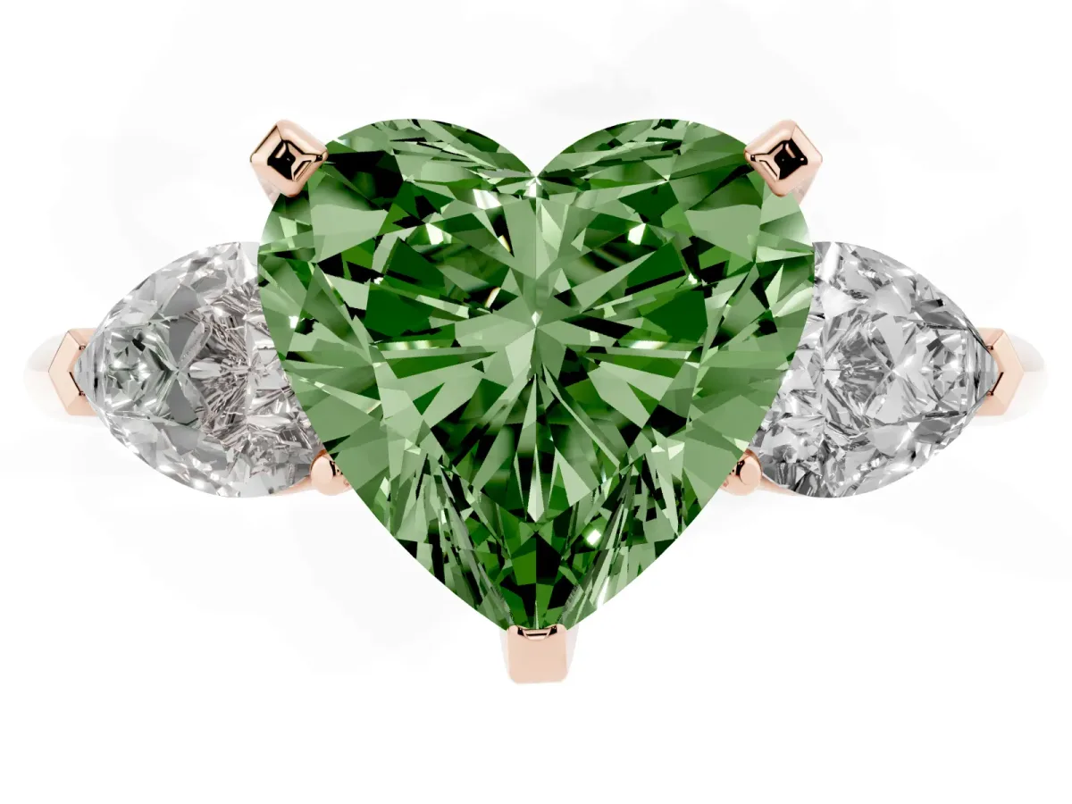 Fancy Green Three-Stone Heart Cut Diamond Ring with Pear Side Stones and Four-Prong Setting Rose gold