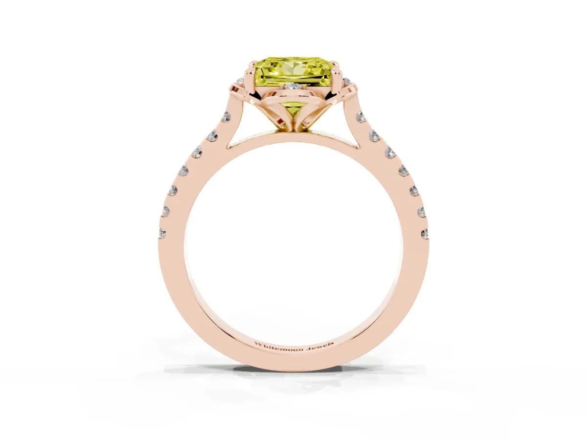 Fancy Yellow Princess Cut Diamond Ring with Pavé Band and Floral Prong Setting Rose gold