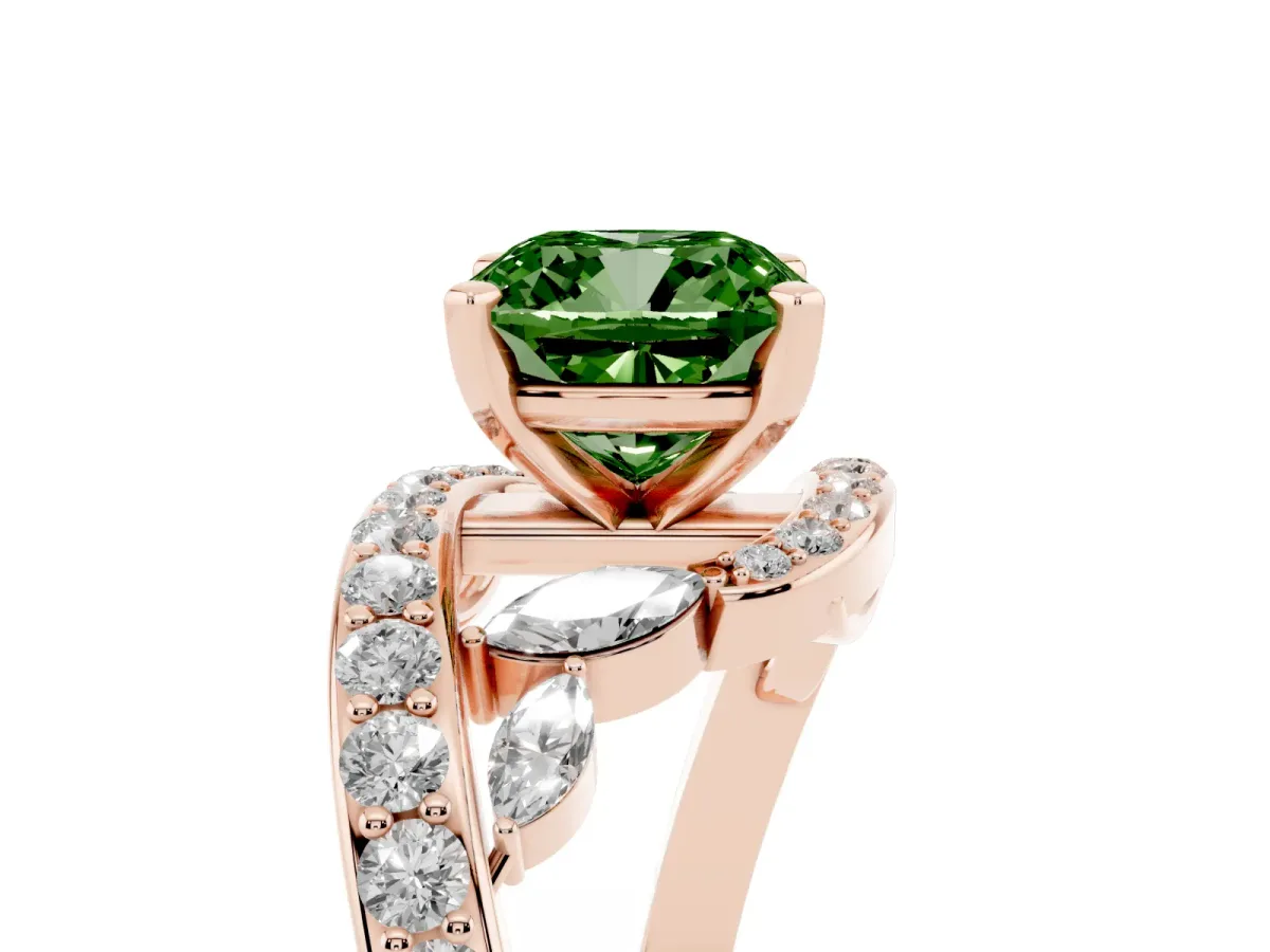 Fancy Green Cushion Cut Diamond Solitaire Ring with Filigree Band and Four-Prong Setting Rose gold