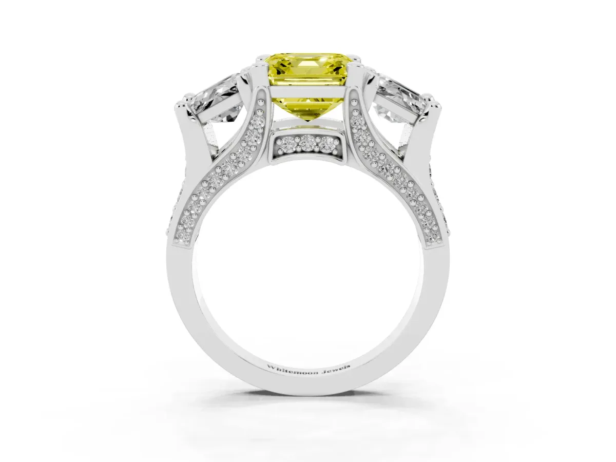 Fancy Yellow Asscher Cut Diamond Three-Stone Ring with Channel Set Band and Four-Prong Setting Silver