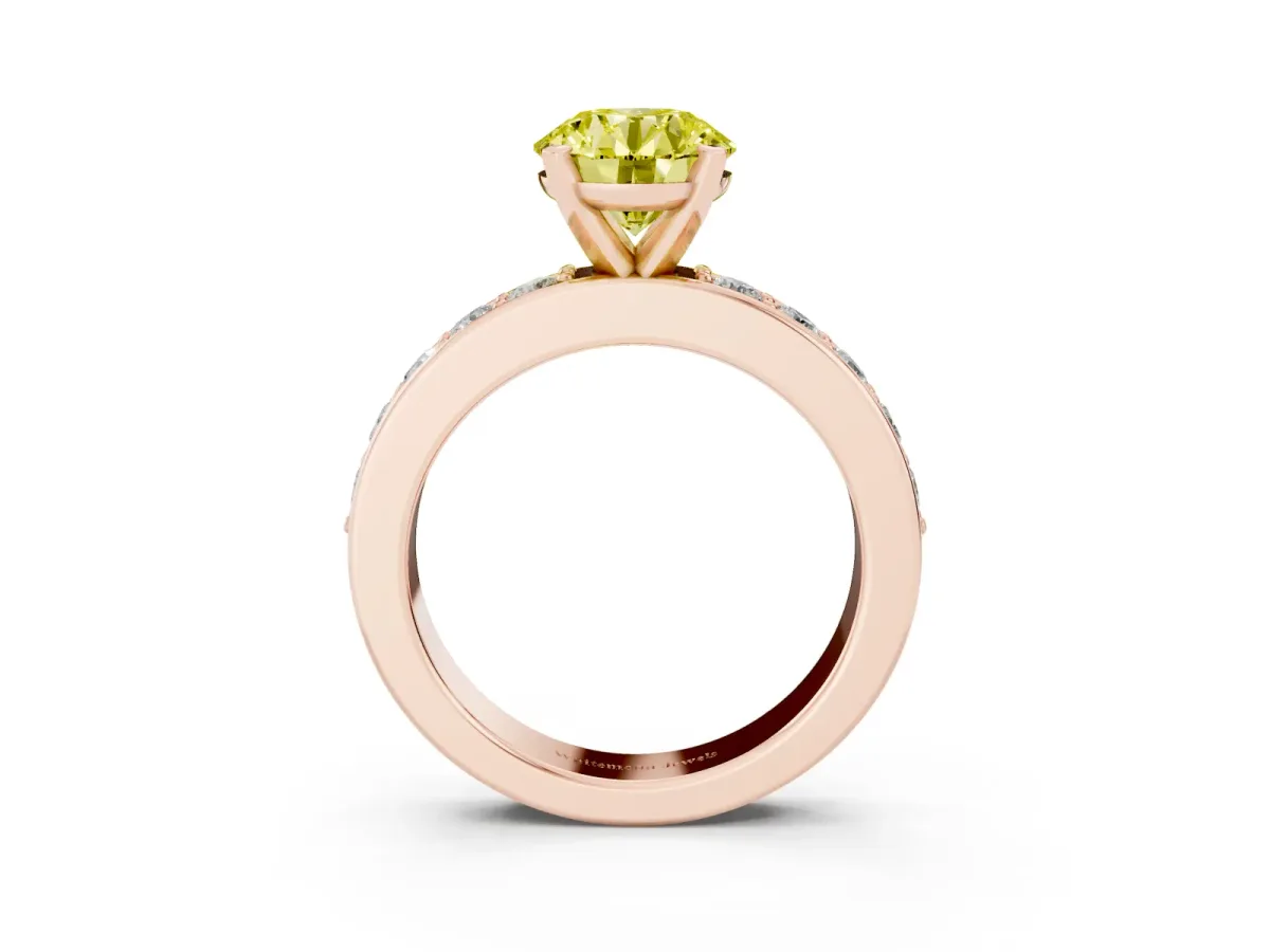 Fancy Yellow Round Cut Diamond Engagement Ring with Channel Set Round Band and Prong Setting Rose gold