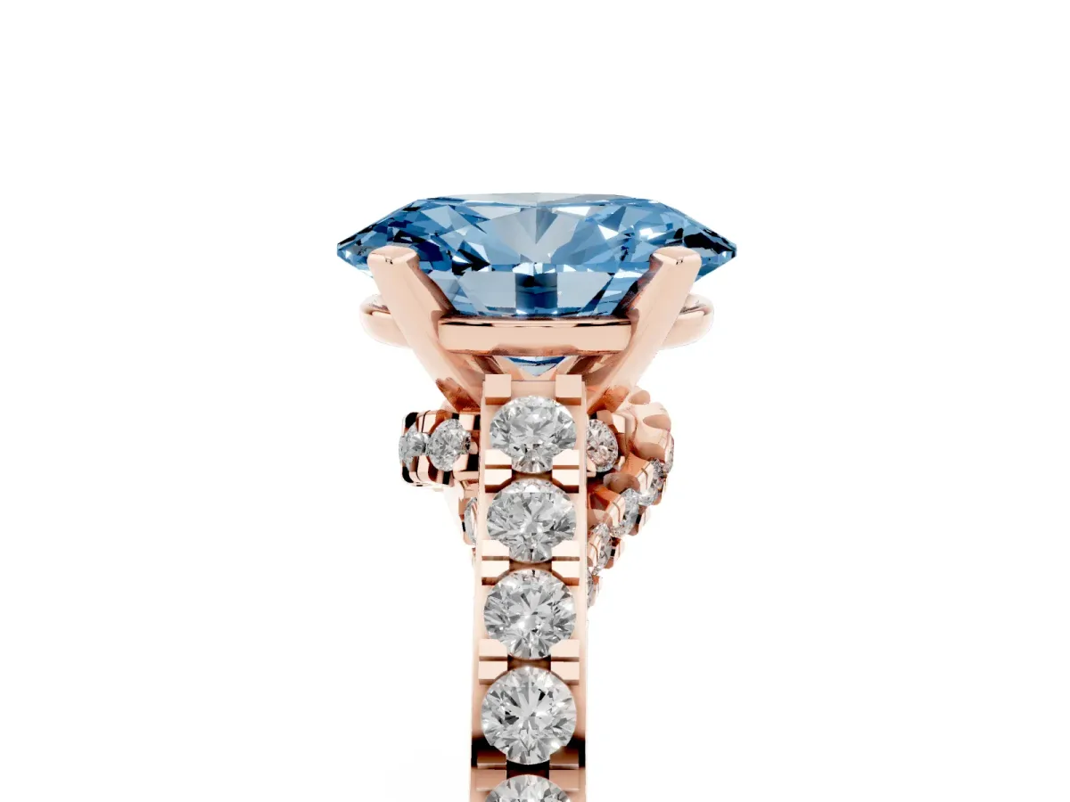Fancy Blue Oval Cut Diamond Solitaire Ring with Crossover Gallery and Round Pavé Band Rose gold
