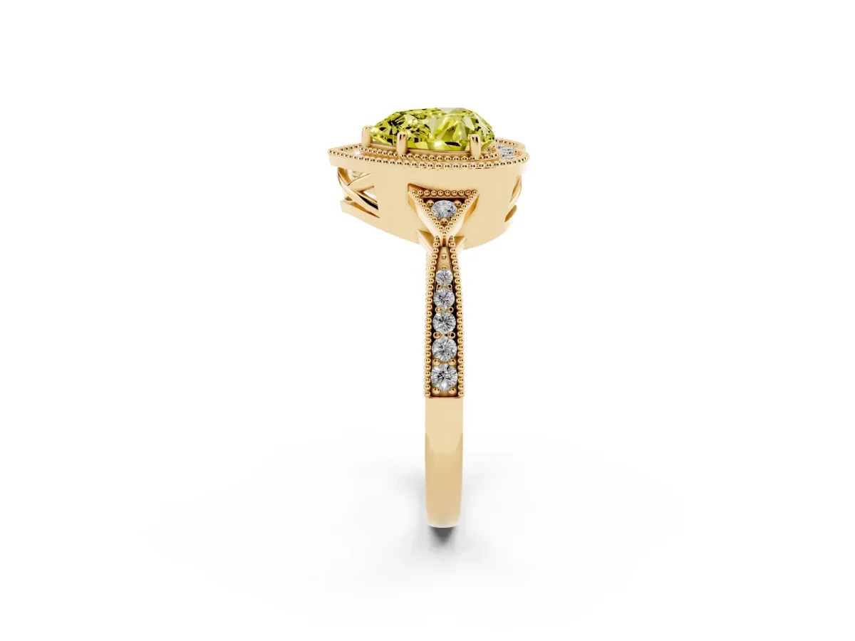 Fancy Yellow Heart Cut Halo Round Diamond Milgrain Pave Engagement Ring Yellow gold