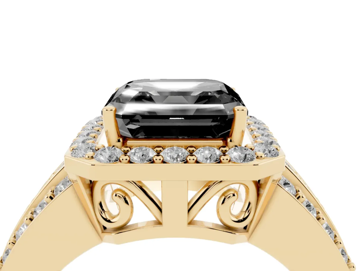Fancy Black Asscher Cut Halo Diamond Ring with Round Split Shank and Prong Setting Yellow gold
