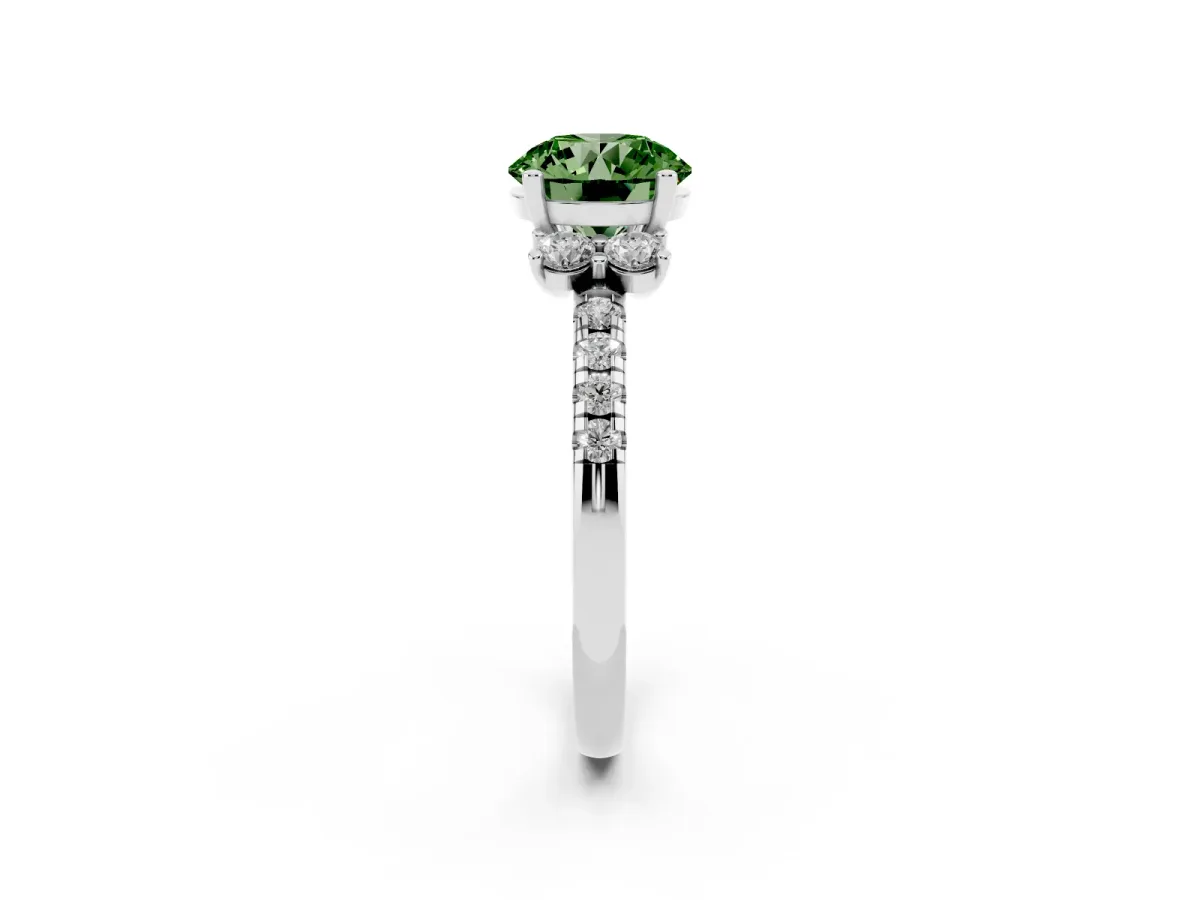 Fancy Green Round Cut Diamond Three-Stone Pave Band with Four-Prong Setting Silver