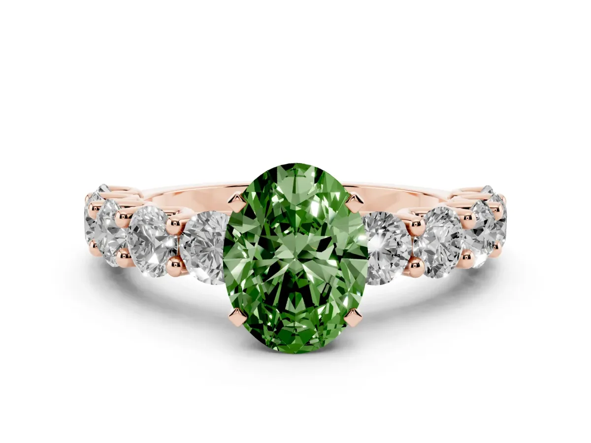 Fancy Green Oval Cut Diamond Prong Setting with Side Stones on a Pave Band Rose gold