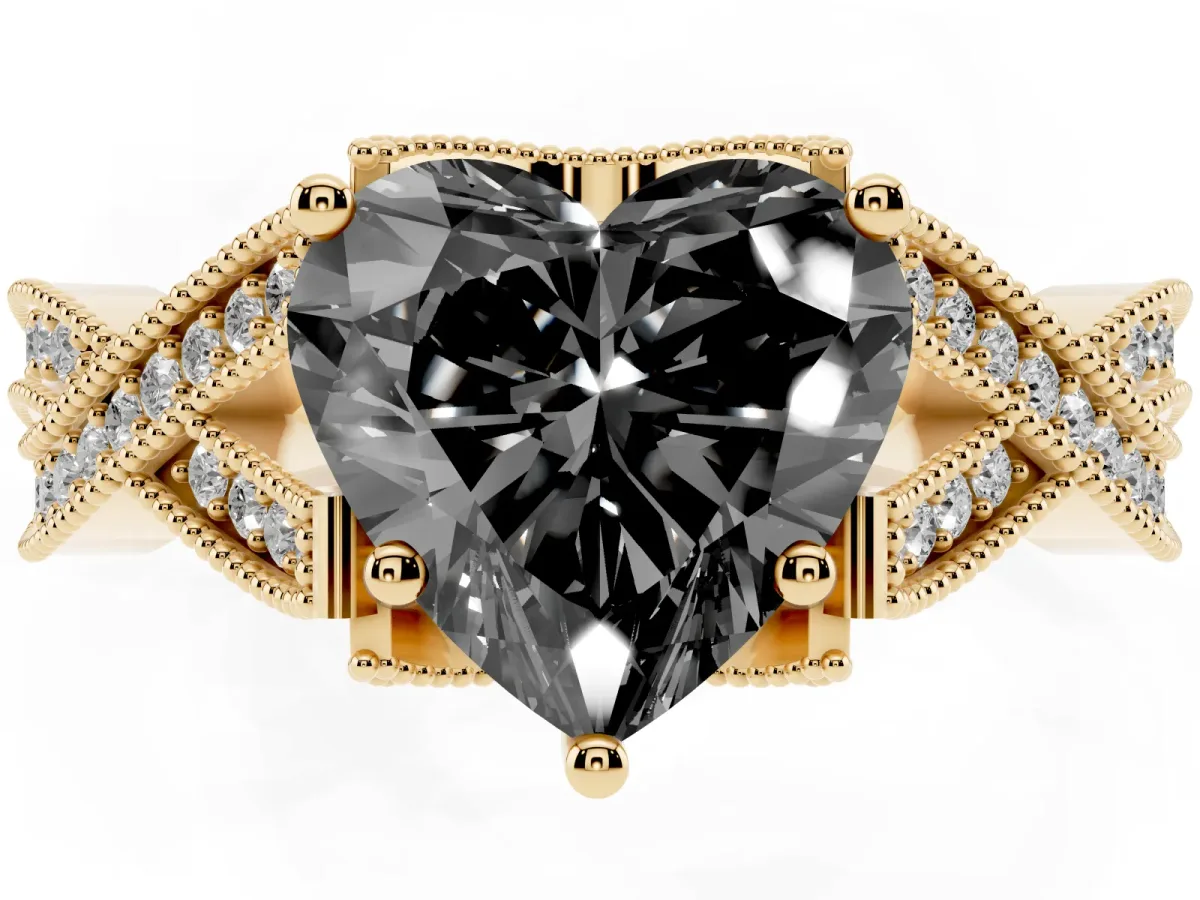 Fancy Black Heart Cut Cut Diamond Twisted Band with Milgrain Pave Setting and Four-Prong Setting Yellow gold
