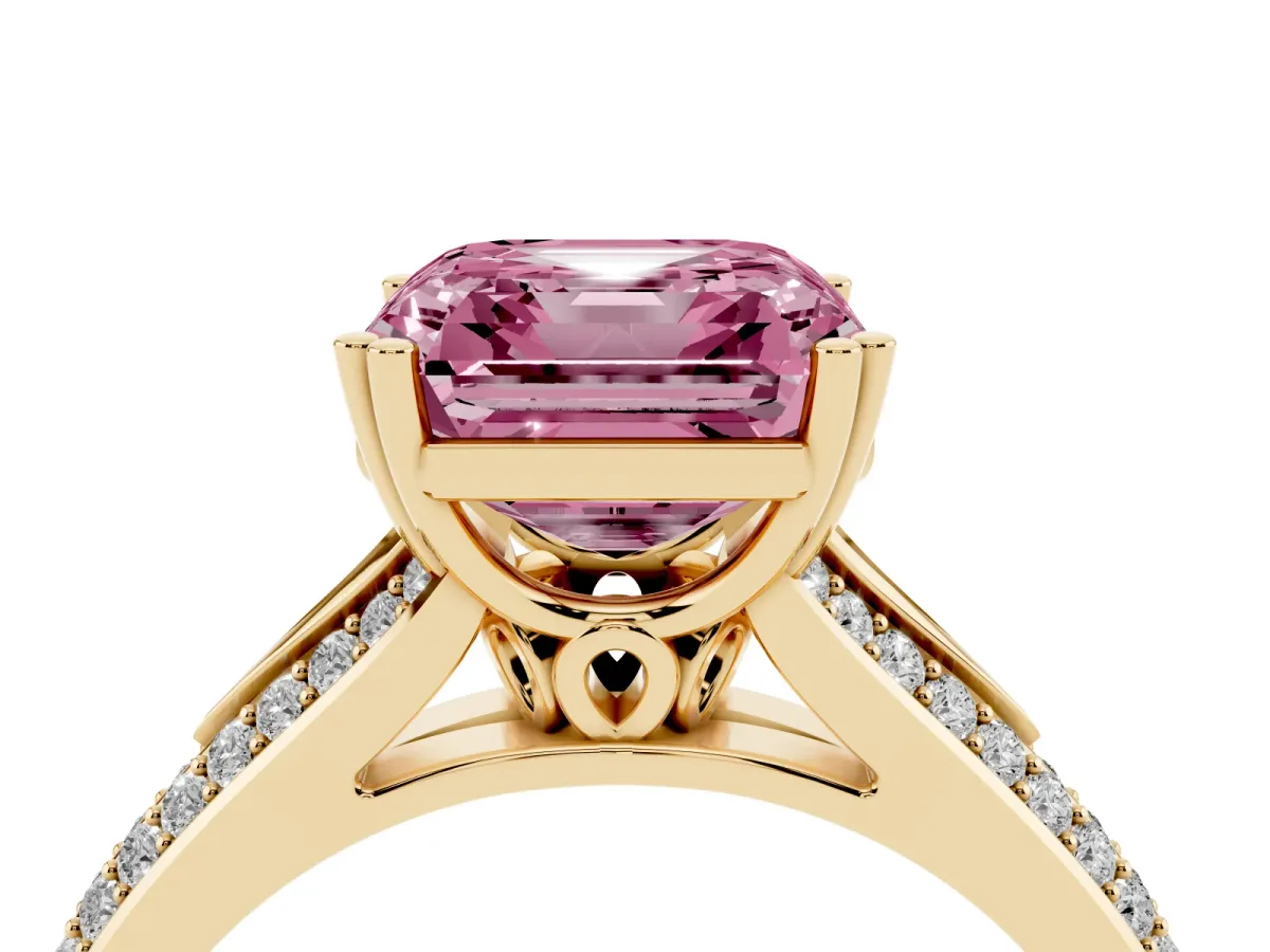 Fancy Pink Asscher Cut Diamond Split Shank Engagement Ring with Pavé Band Yellow gold