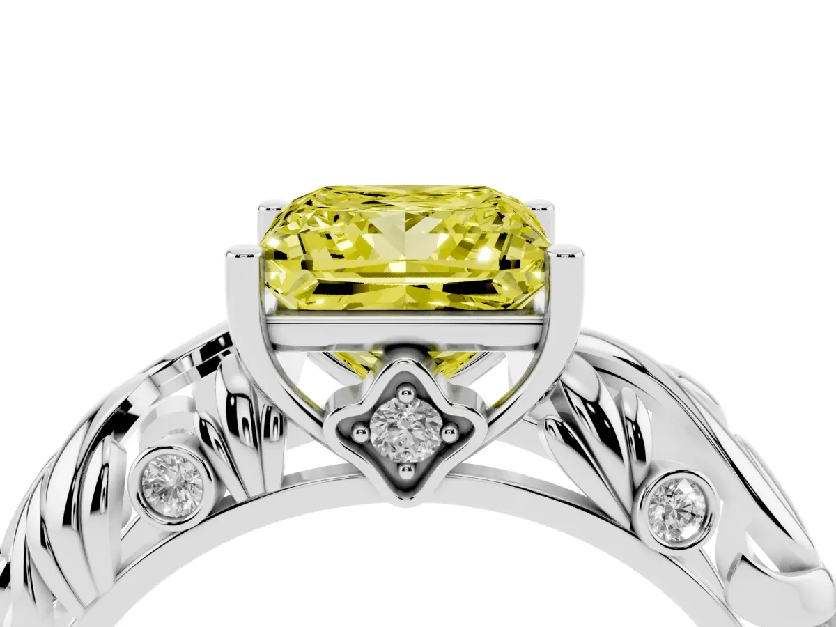 Fancy Yellow Princess Cut Solitaire Diamond Leaf-Inspired Vine Band Ring with Prong Setting Platinum
