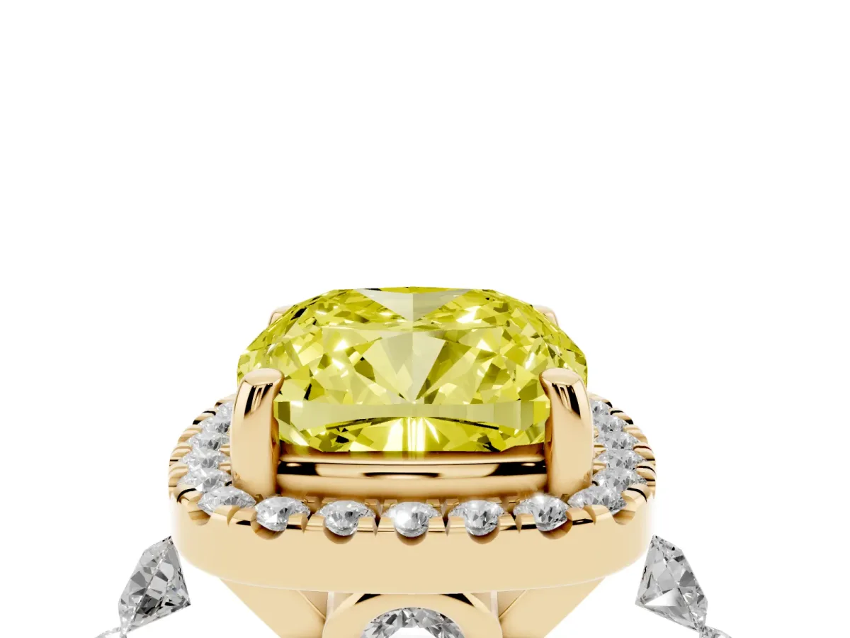 Fancy Yellow Cushion Cut Halo Pavé Diamond Engagement Ring with Four-Prong Setting Yellow gold