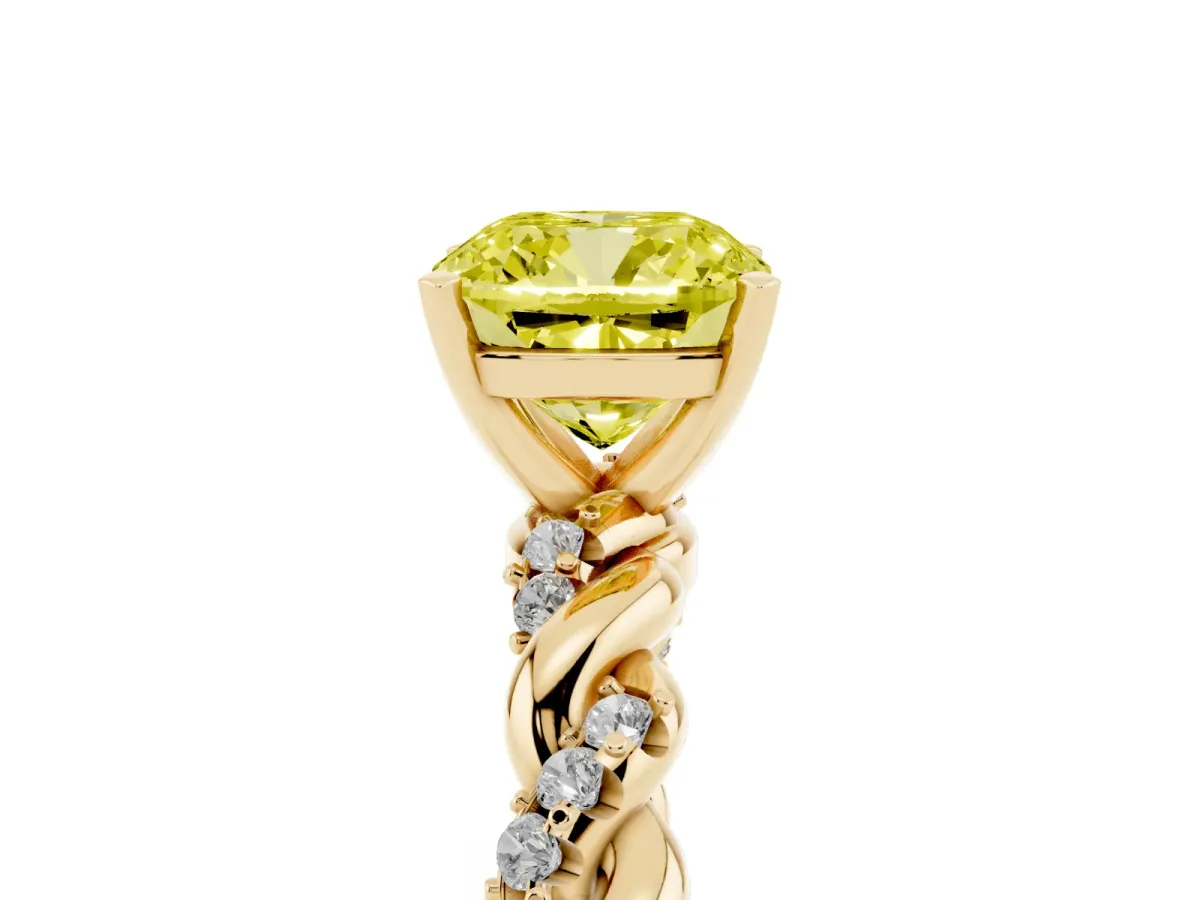 Fancy Yellow Cushion Cut Diamond Solitaire Ring with Twisted Band and Pavé Accents Yellow gold