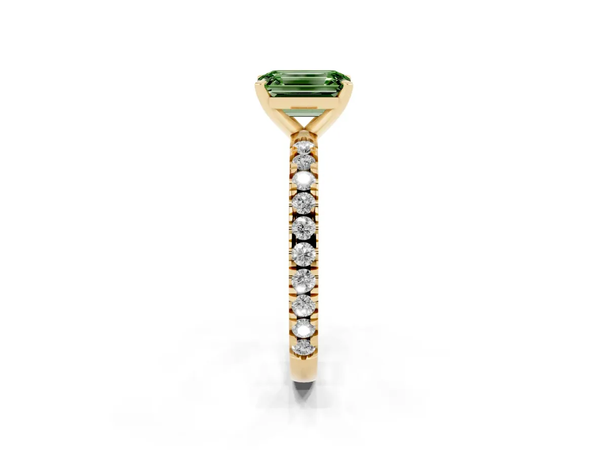 Fancy Green Emerald Cut Diamond Pavé Band Solitaire with Four-Prong Setting Yellow gold