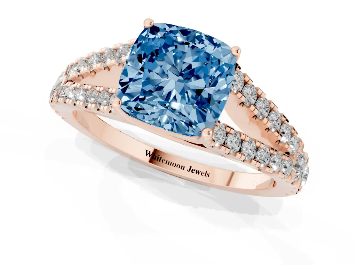 Fancy Blue Cushion Cut Diamond Split Shank Engagement Ring with Round Pavé and Prong Setting Rose gold