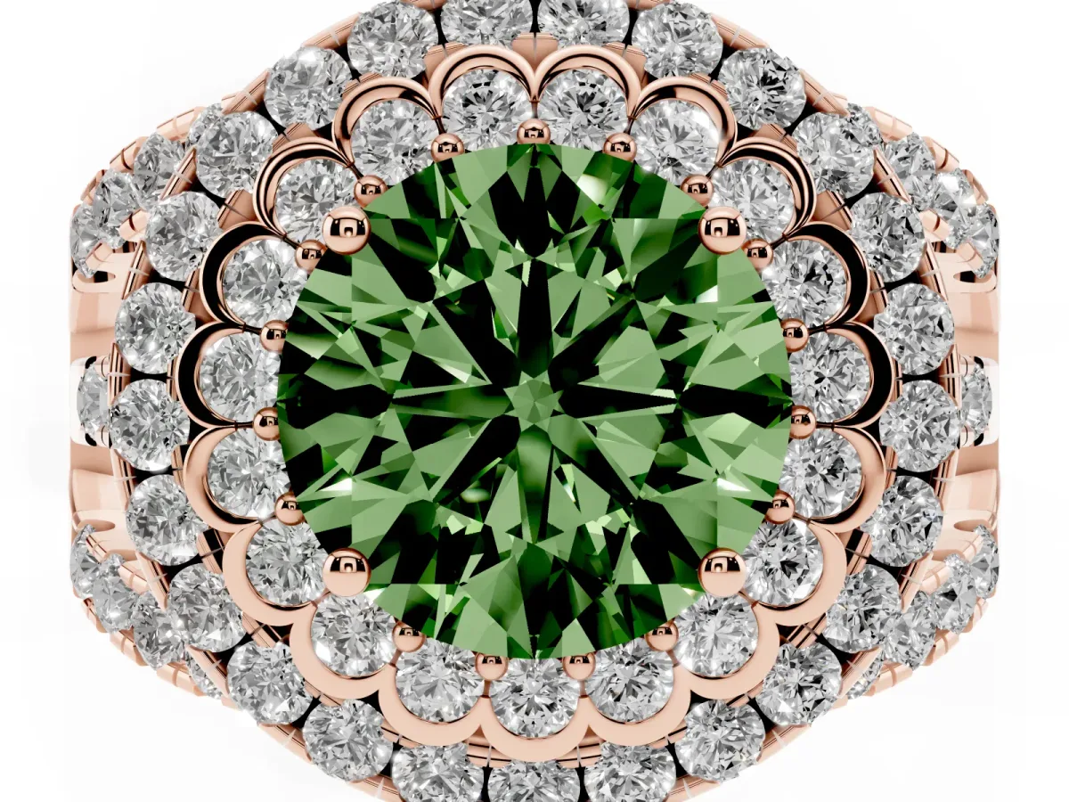 Fancy Green Round Cut Diamond Double Halo Ring with Round Pavé Split Shank and Prong Setting Rose gold