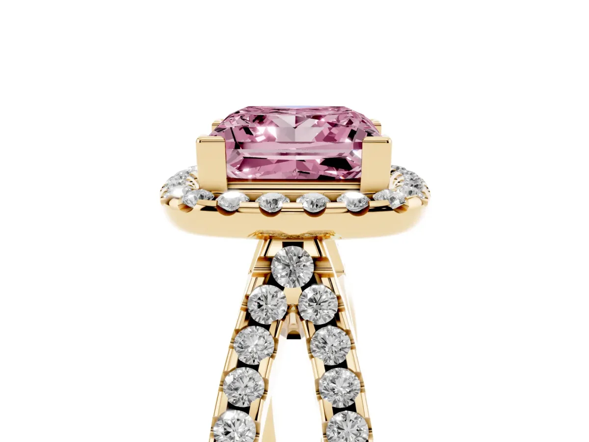 Fancy Pink Princess Cut Diamond Halo Ring with Split Shank Pavé Band and Prong Setting Yellow gold