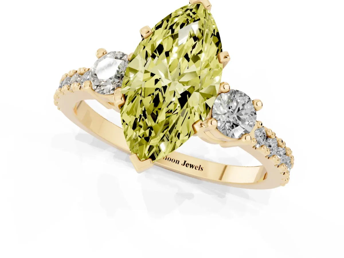 Fancy Yellow Marquise Cut Three-Stone Diamond Pavé Band with Prong Setting Yellow gold