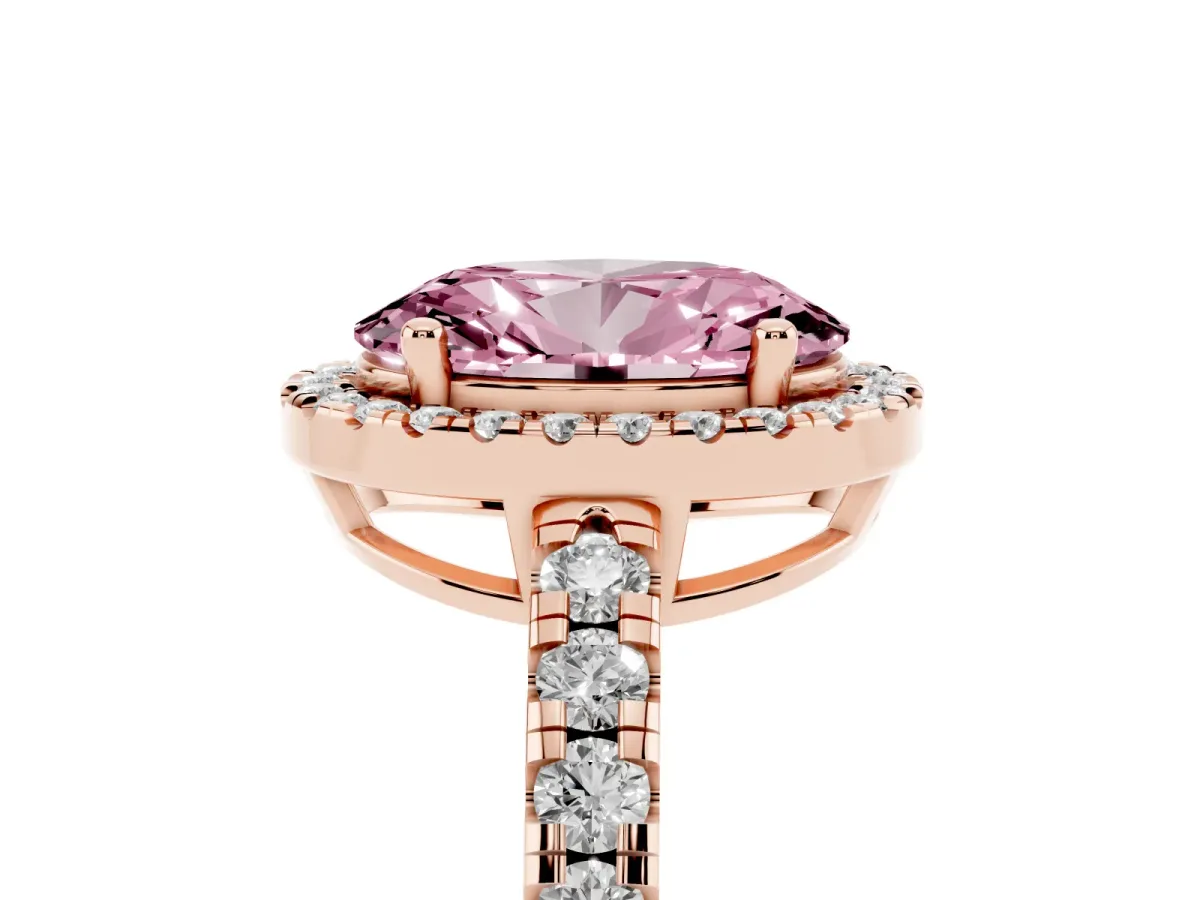 Fancy Pink Oval Cut Diamond Halo Ring with Pavé Band and Four-Prong Setting Rose gold