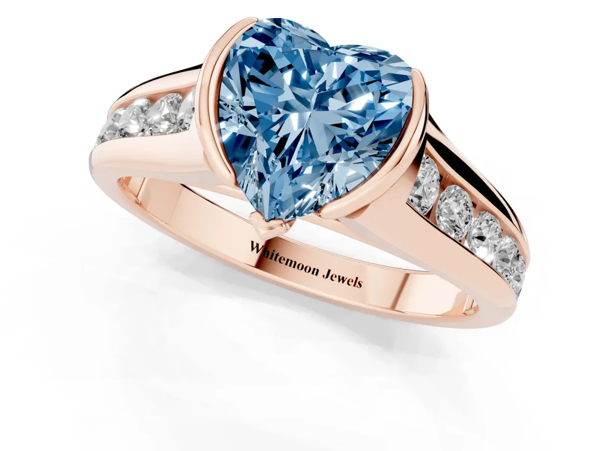 Fancy Blue Heart Cut Solitaire Bezel-Set Diamond Ring with Channel-Set Band Rose gold