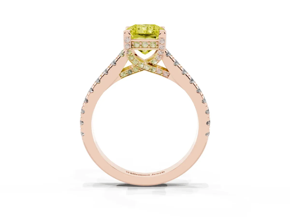 Fancy Yellow Radiant Cut Brilliant Diamond Solitaire with Pavé Band and Four-Prong Setting Rose gold