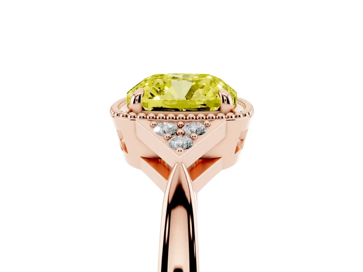 Fancy Yellow Hexagonal Halo Cushion Cut Diamond Solitaire with Pavé Band and Four-Prong Setting Rose gold