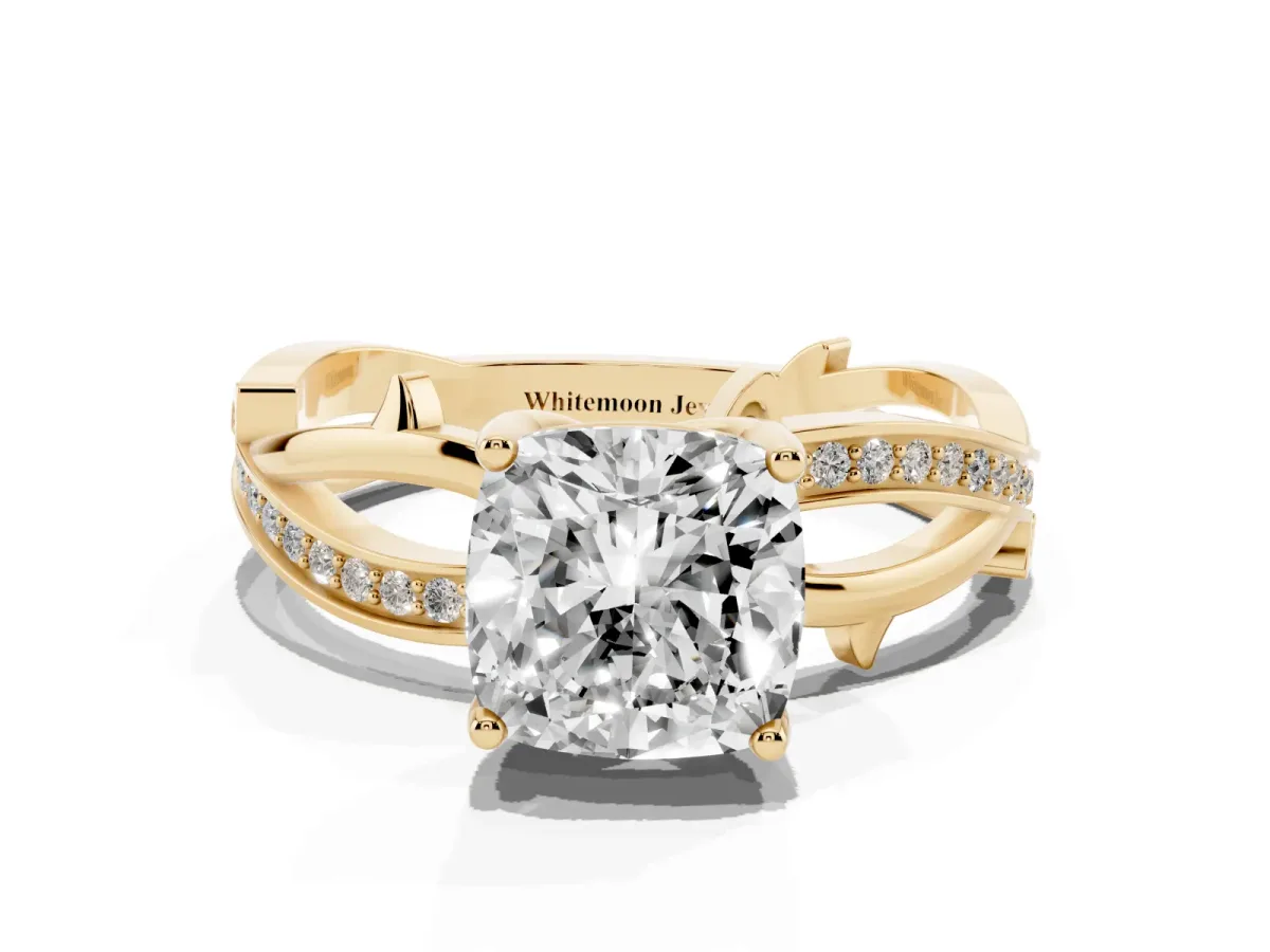 Cushion Cut Solitaire Twist Band with Pavé Accents and Four-Prong Setting Yellow gold