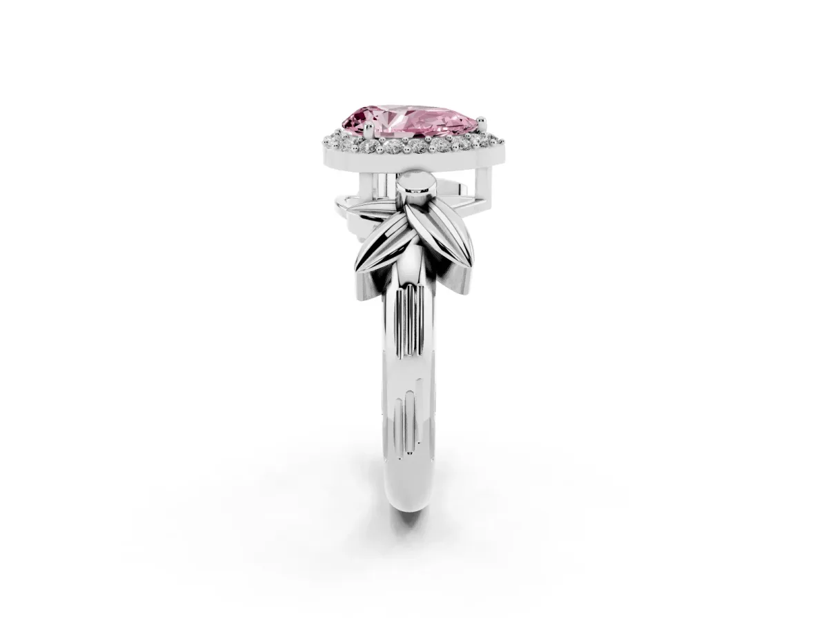 Fancy Pink Pear Cut Halo Diamond Floral Band with Four-Prong Setting White gold