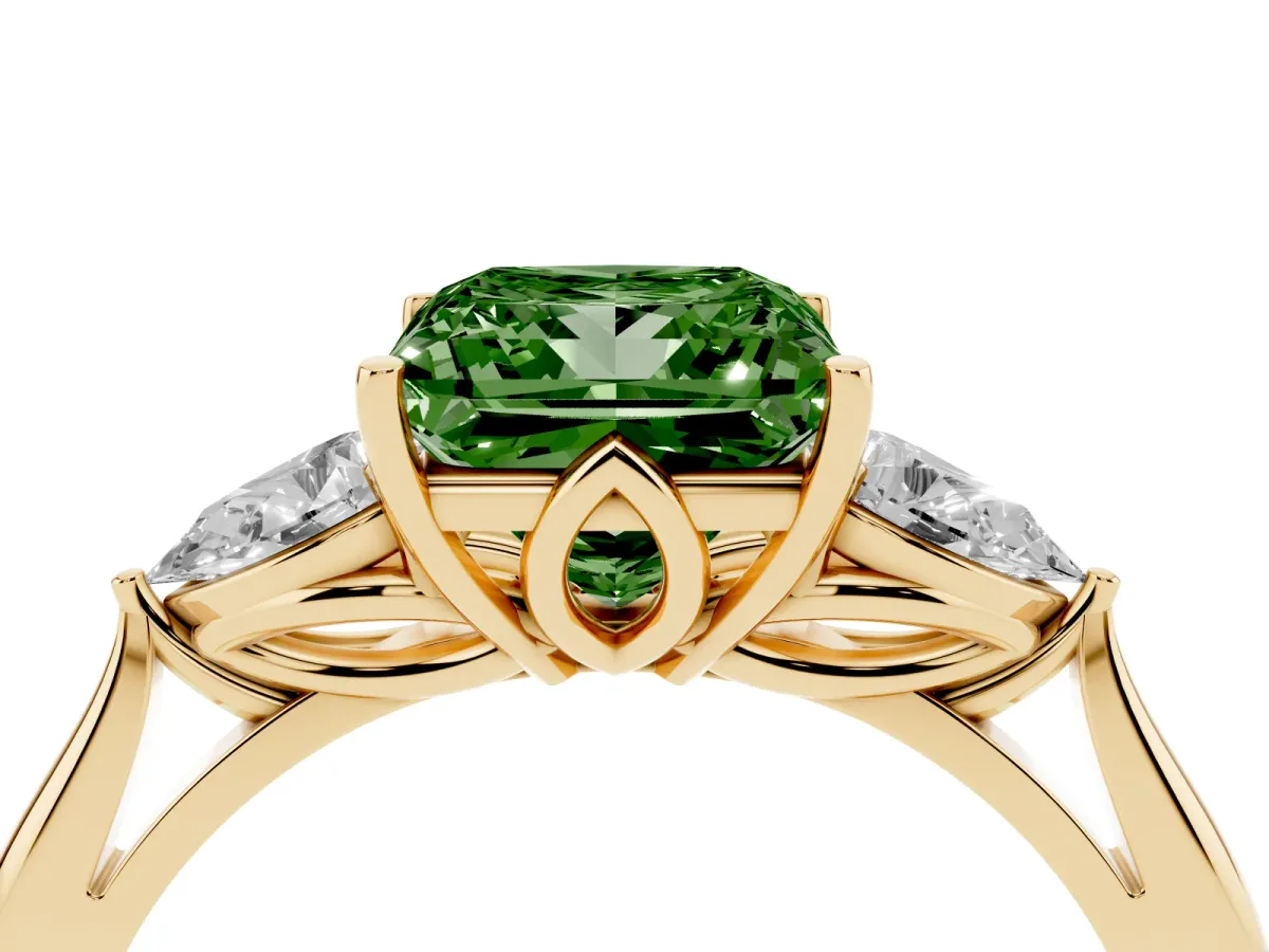 Fancy Green Princess Cut Diamond Three-Stone Ring with Pear Side Stones and Prong Setting Yellow gold