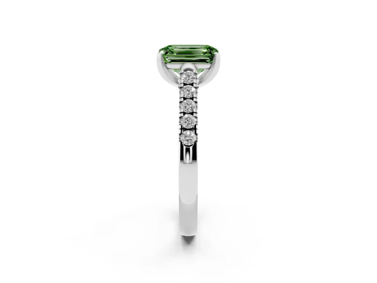 Fancy Green Emerald Cut Diamond Pavé Band Solitaire Ring with Prong Setting Platinum